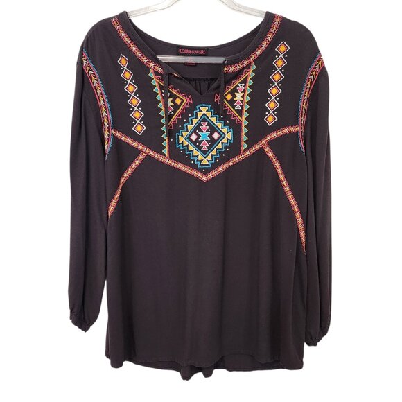 Rock & Roll Cowgirl Shirt Womens XL Brown Embroidered Western Boho Aztec Top - Picture 1 of 12